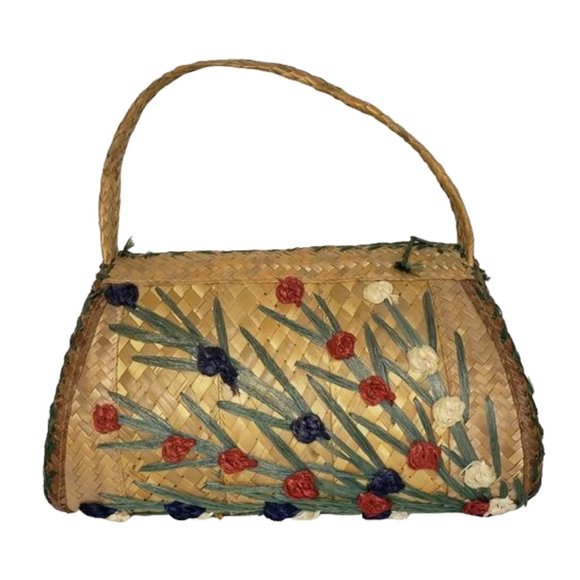 VINTAGE FLORAL WICKER PURSE TOP HANDLE HANDBAG - Picture 9 of 10